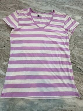 GAP Favorite Stretch XL Purple White Striped V Neck Tee Soft Cotton Blend Top